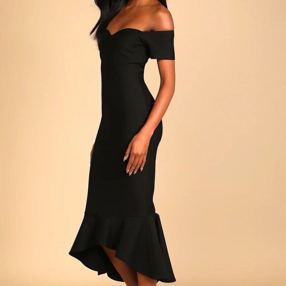 Lulus How Much I Care Black Off-the-Shoulder Midi Trumpet Dress Size Small NEW - Picture 12 of 16